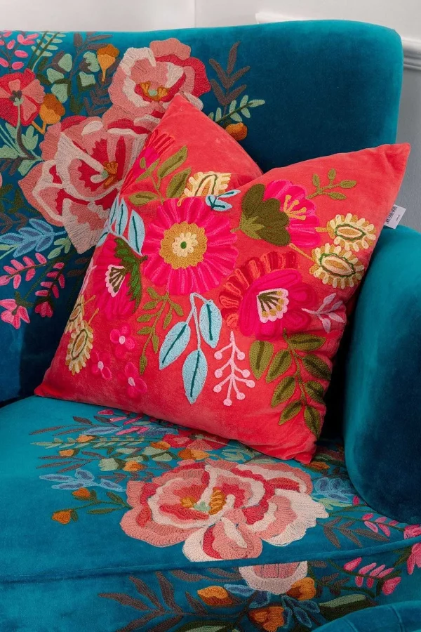 Carraig Donn HOME Coral Velvet Floral Embroidered Cushion* Homeware