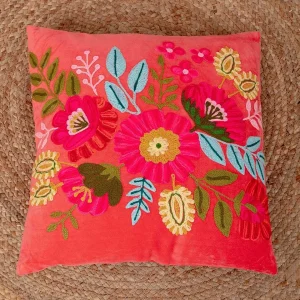 Carraig Donn HOME Coral Velvet Floral Embroidered Cushion* Homeware