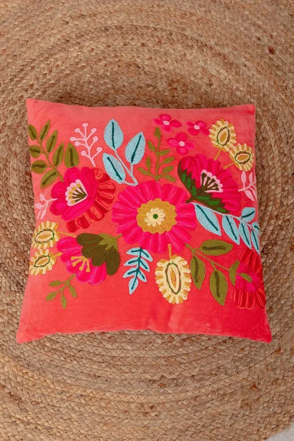 Carraig Donn HOME Coral Velvet Floral Embroidered Cushion* Homeware