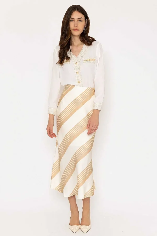 Elli White Cream Satin Stripe Midi Skirt*Women Skirts & Shorts