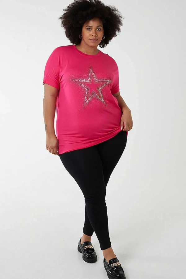 Nova of London Curve - Diamante Star Oversized Top In Pink*Women Tops & Blouses