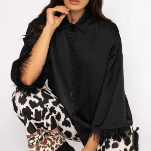 Pala D'oro Feather Cuff Shirt In Black*Women Tops & Blouses