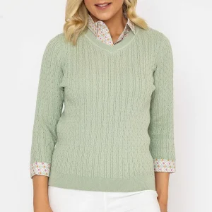 Voulez Vous Green Cable Knit Sweater With Shirt Collar & Cuffs*Women Tops & Blouses