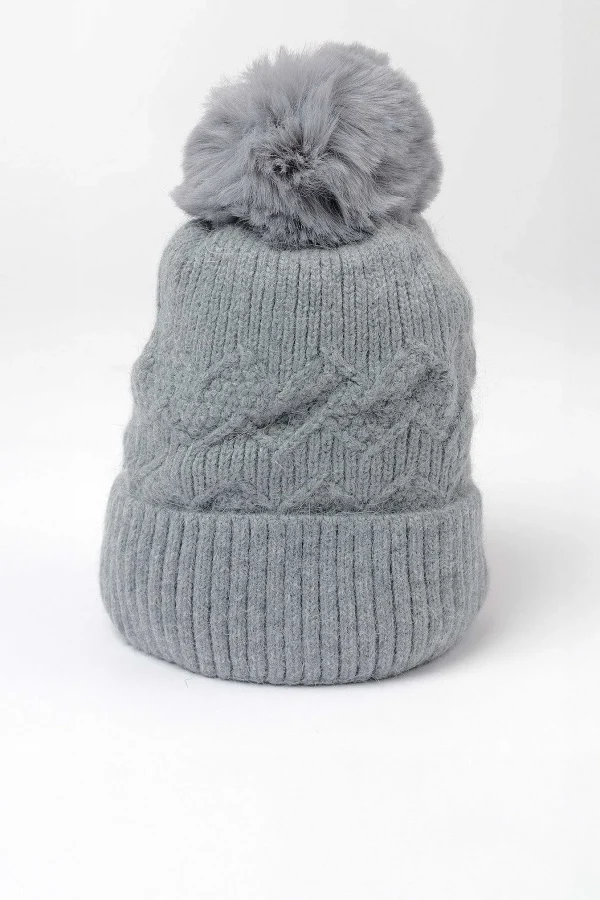 SOUL Accessories Grey Cable Knit Beanie With Pom* Hats