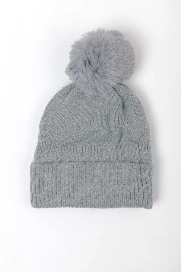 SOUL Accessories Grey Cable Knit Beanie With Pom* Hats