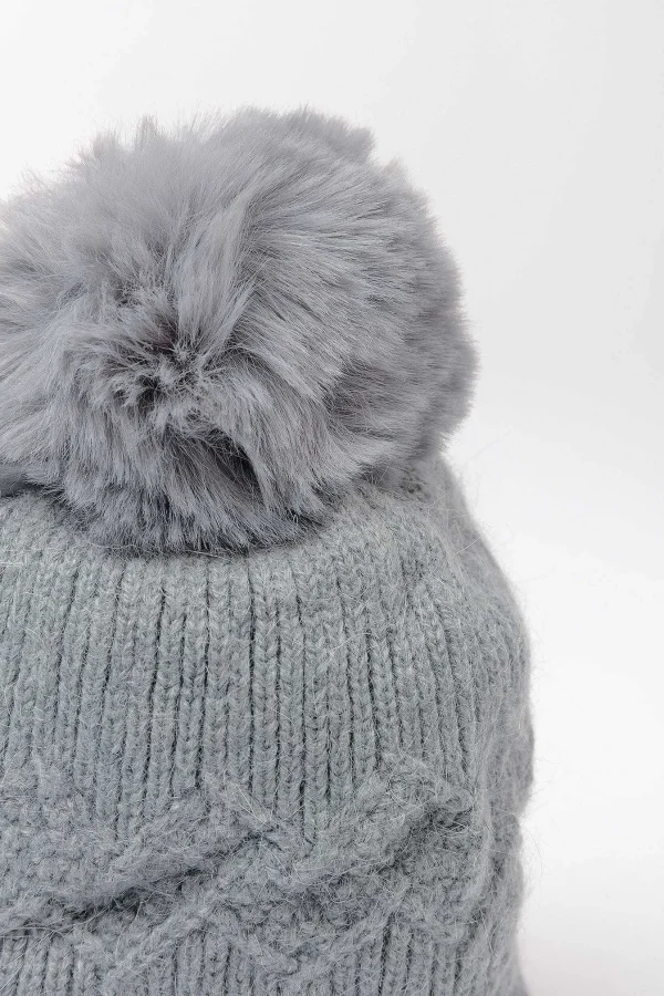 SOUL Accessories Grey Cable Knit Beanie With Pom* Hats