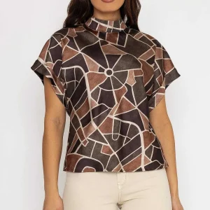 Pala D'oro High Neck Sateen Top In Khaki Print*Women Tops & Blouses