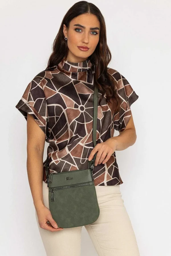 Pala D'oro High Neck Sateen Top In Khaki Print*Women Tops & Blouses