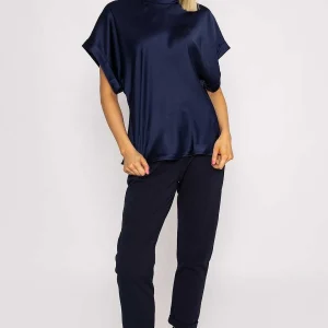 Pala D'oro High Neck Sateen Top In Navy*Women Tops & Blouses