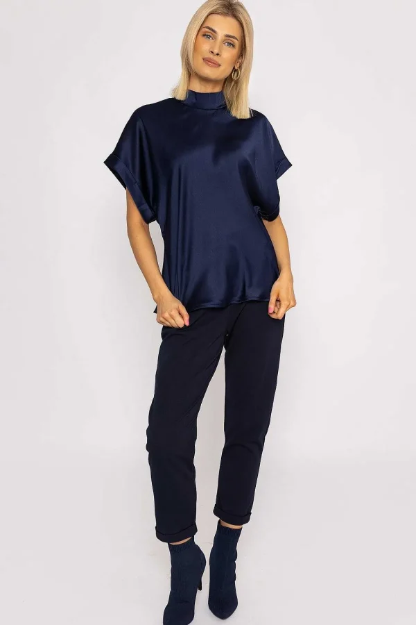 Pala D'oro High Neck Sateen Top In Navy*Women Tops & Blouses