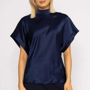 Pala D'oro High Neck Sateen Top In Navy*Women Tops & Blouses