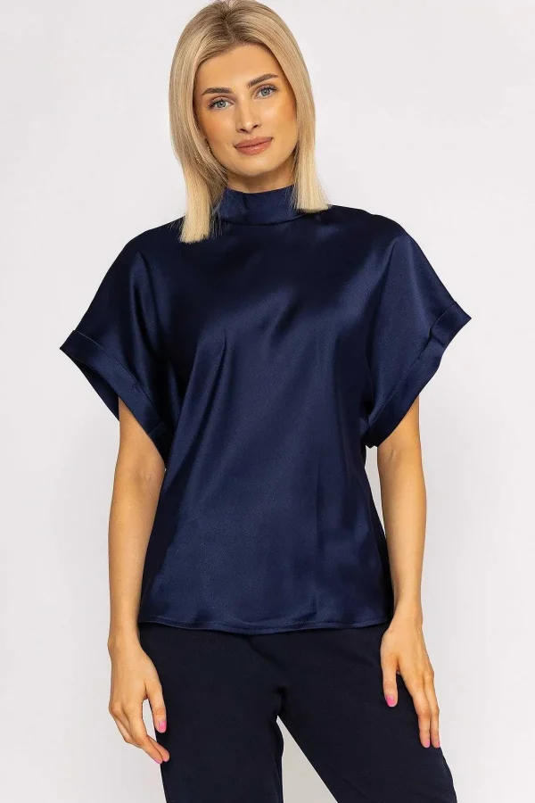 Pala D'oro High Neck Sateen Top In Navy*Women Tops & Blouses