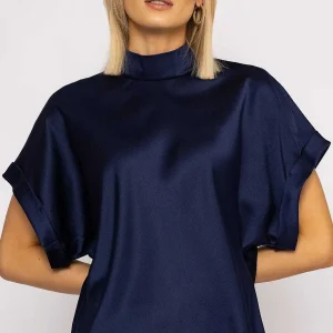 Pala D'oro High Neck Sateen Top In Navy*Women Tops & Blouses