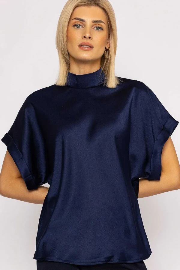 Pala D'oro High Neck Sateen Top In Navy*Women Tops & Blouses