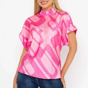 Pala D'oro High Neck Sateen Top In Pink Print*Women Tops & Blouses