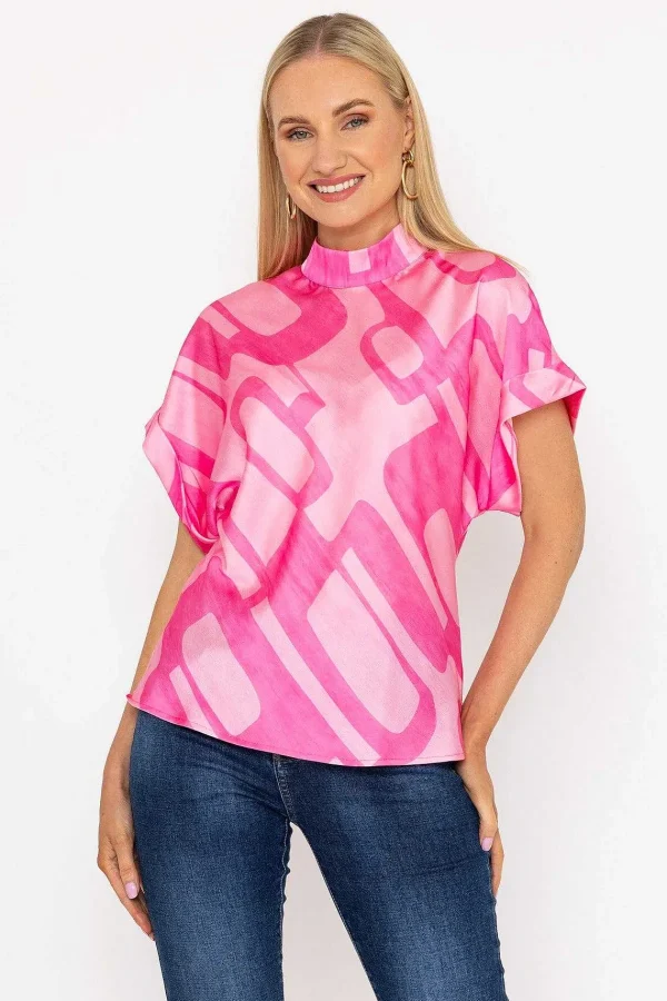 Pala D'oro High Neck Sateen Top In Pink Print*Women Tops & Blouses