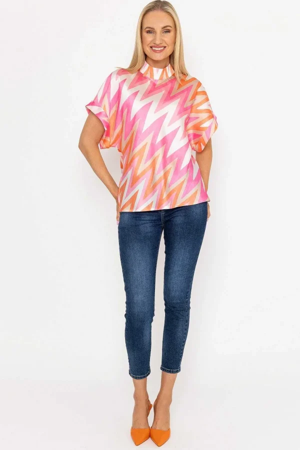 Pala D'oro High Neck Sateen Top In Pink And Orange Print*Women Tops & Blouses