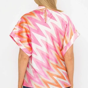 Pala D'oro High Neck Sateen Top In Pink And Orange Print*Women Tops & Blouses