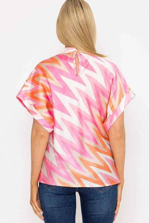 Pala D'oro High Neck Sateen Top In Pink And Orange Print*Women Tops & Blouses