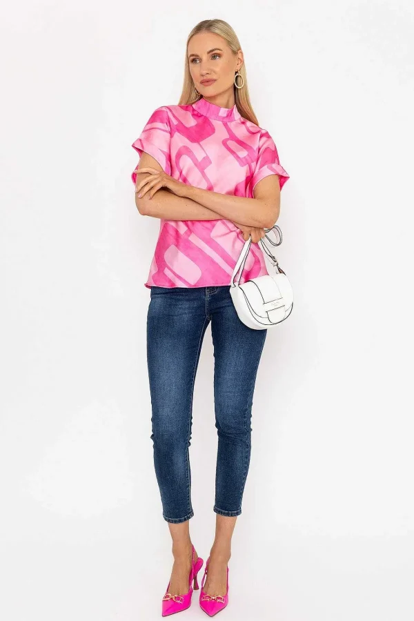 Pala D'oro High Neck Sateen Top In Pink Print*Women Tops & Blouses