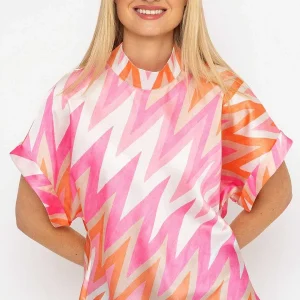 Pala D'oro High Neck Sateen Top In Pink And Orange Print*Women Tops & Blouses