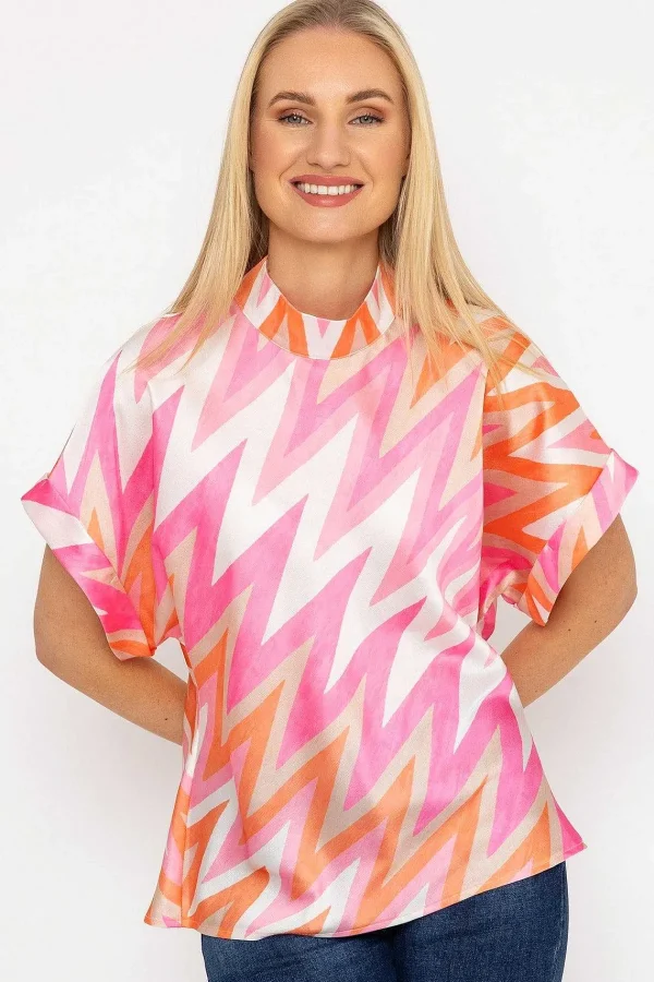 Pala D'oro High Neck Sateen Top In Pink And Orange Print*Women Tops & Blouses