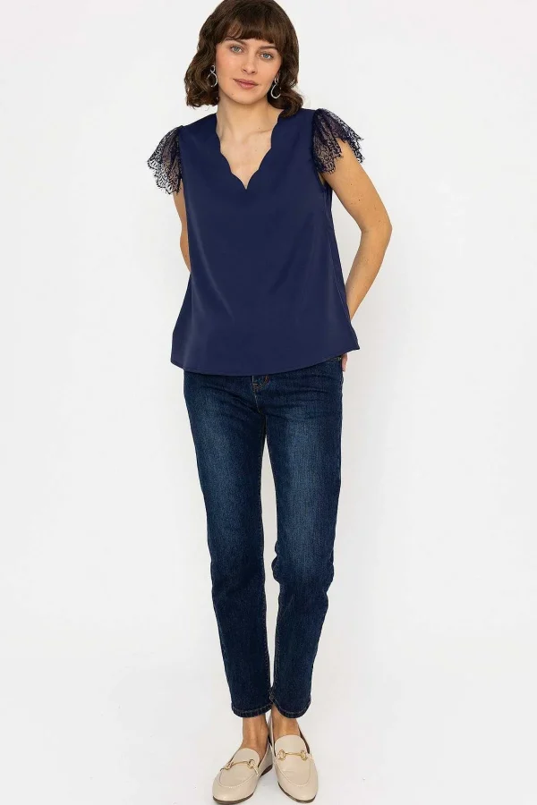 Rowen Avenue Lace Cap Sleeve Top In Navy*Women Tops & Blouses