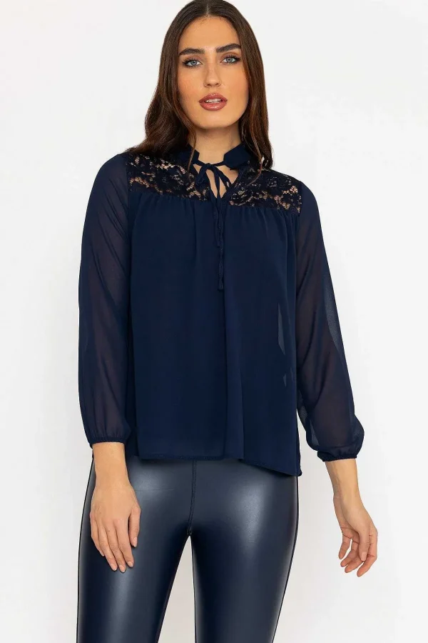 Pala D'oro Lace Insert Blouse In Navy*Women Tops & Blouses