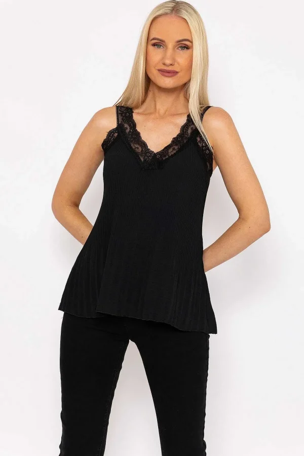 Pala D'oro Lace Trim Pleated Cami In Black*Women Tops & Blouses