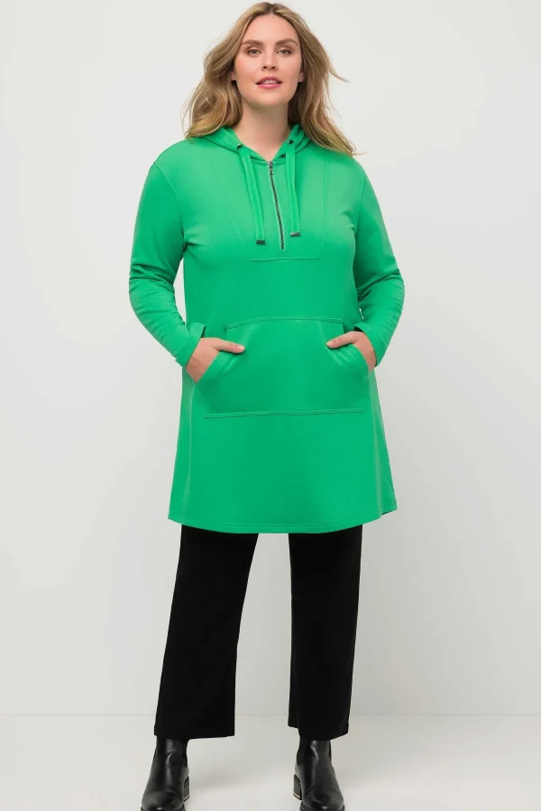 Ulla Popken Long Hooded Half Zipper Sweatshirt In Green*Women Hoodies & Sweatshirts