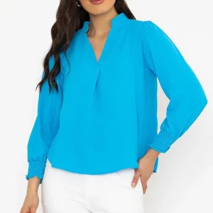 Pala D'oro Long Sleeve Collarless Top In Blue*Women Tops & Blouses