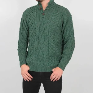 Aran Woollen Mills Mens Diamond Knit Troyer In Connemara Green*Women Jumpers & Cardigans