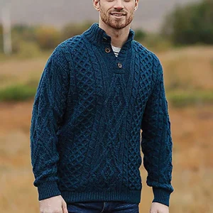 Aran Woollen Mills Mens Diamond Knit Troyer In Atlantic Blue*Women Jumpers & Cardigans