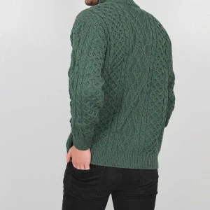 Aran Woollen Mills Mens Diamond Knit Troyer In Connemara Green*Women Jumpers & Cardigans