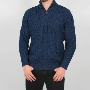 Aran Woollen Mills Mens Diamond Knit Troyer In Atlantic Blue*Women Jumpers & Cardigans