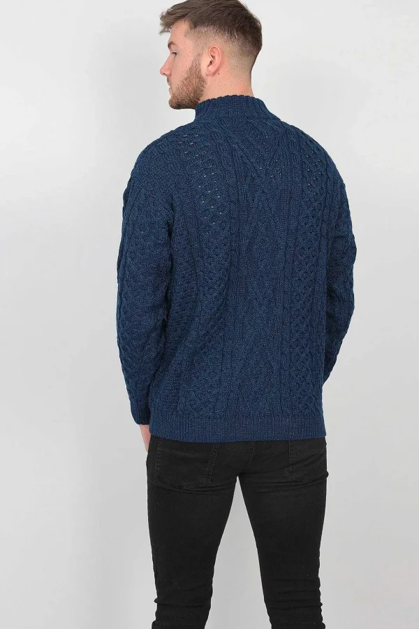 Aran Woollen Mills Mens Diamond Knit Troyer In Atlantic Blue*Women Jumpers & Cardigans