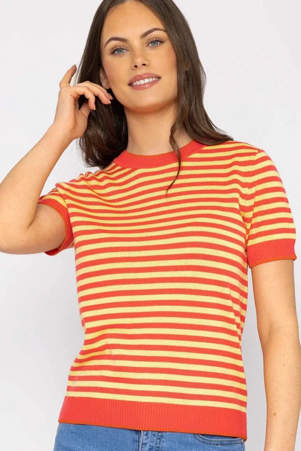 Kelly & Grace Weekend Merino Stripe Crew In Coral*Women Jumpers & Cardigans