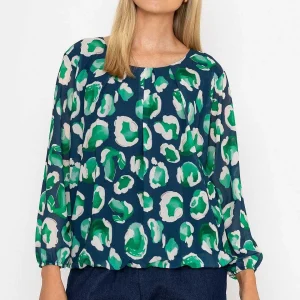 Pala D'oro Navy And Green Printed Long Sleeve Blouse*Women Tops & Blouses