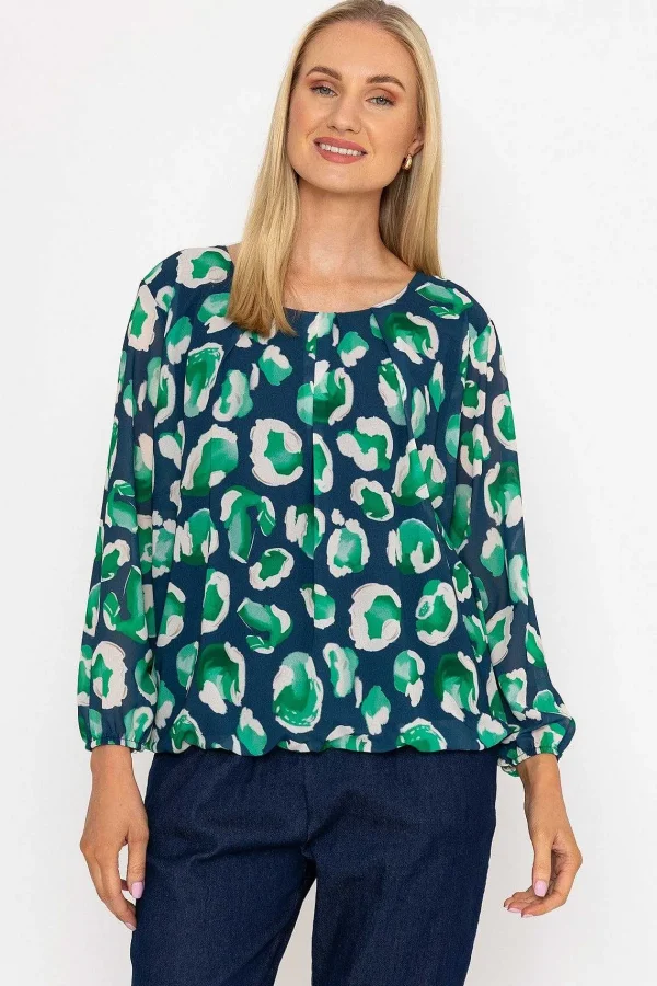 Pala D'oro Navy And Green Printed Long Sleeve Blouse*Women Tops & Blouses