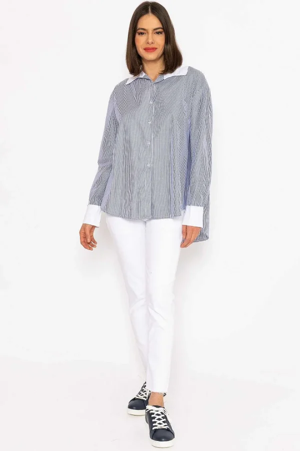 J'aime la Vie Navy Candy Striped Shirt*Women Tops & Blouses