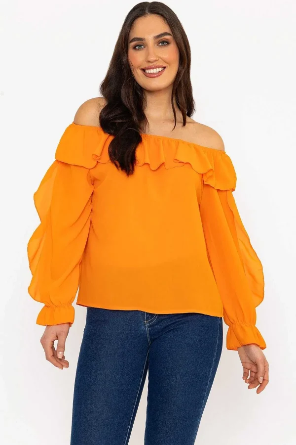 Pala D'oro Orange Bardot Frill Top*Women Tops & Blouses