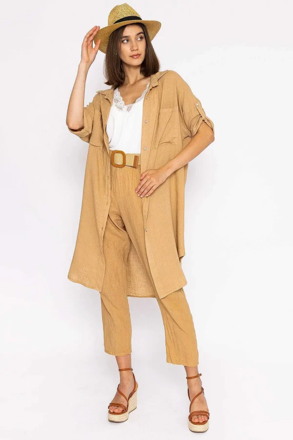 Pala D'oro Oversized Linen Shirt In Camel*Women Tops & Blouses