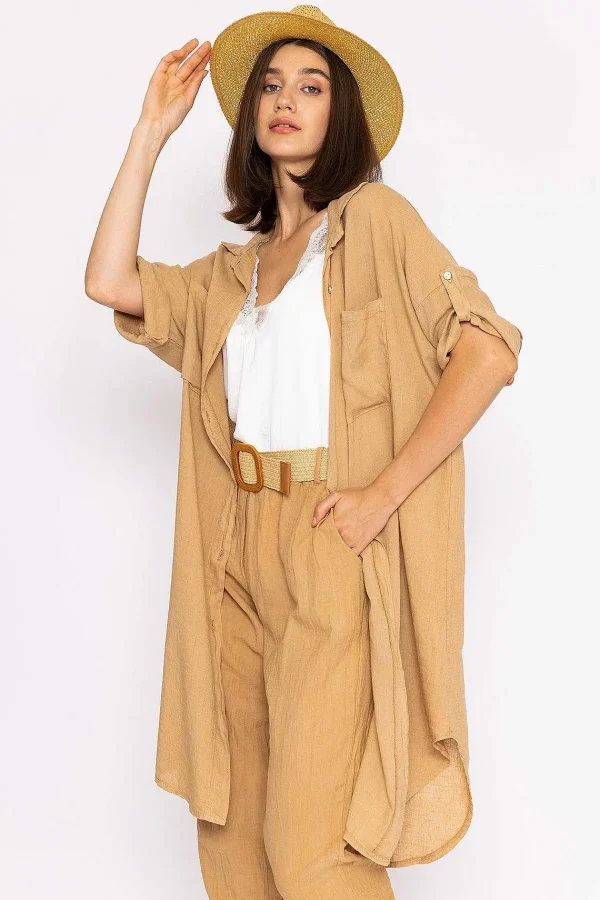 Pala D'oro Oversized Linen Shirt In Camel*Women Tops & Blouses