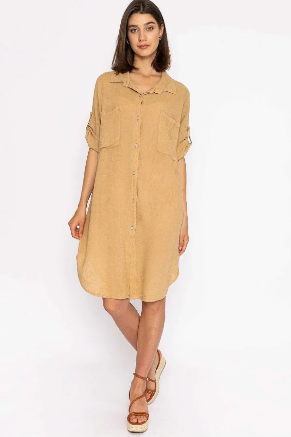 Pala D'oro Oversized Linen Shirt In Camel*Women Tops & Blouses