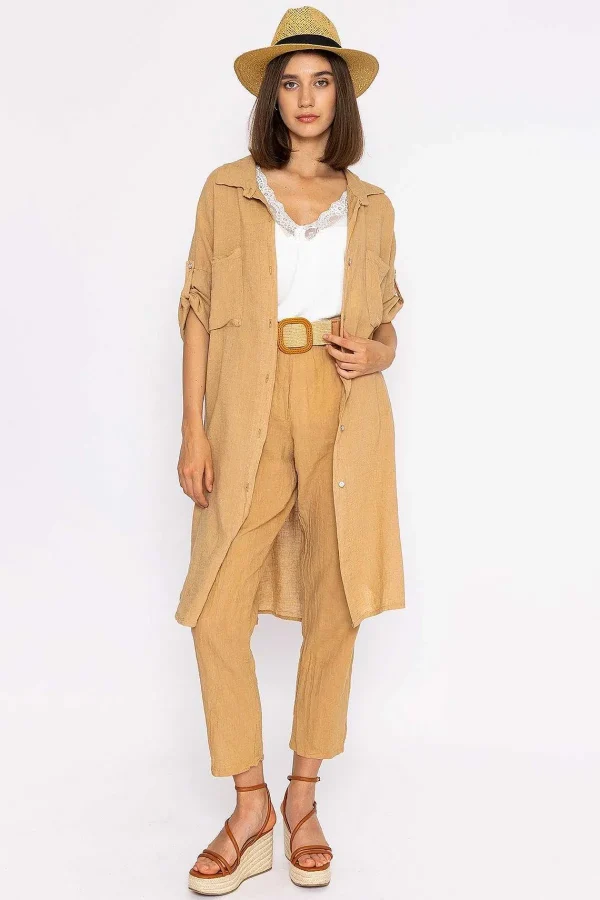 Pala D'oro Oversized Linen Shirt In Camel*Women Tops & Blouses