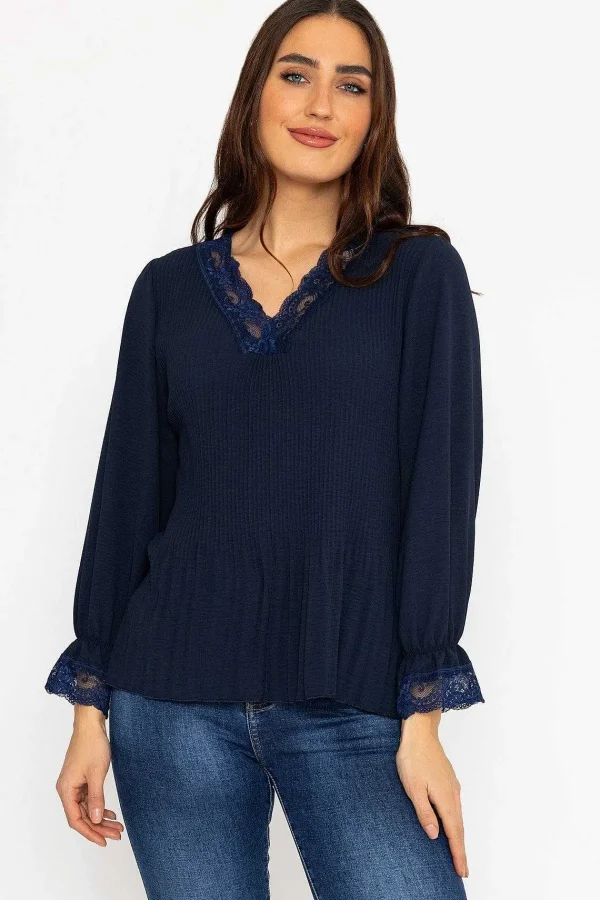 Pala D'oro Pleated Lace Trim Top In Navy*Women Tops & Blouses