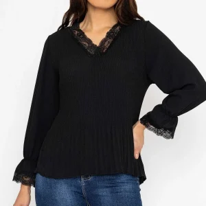 Pala D'oro Pleated Lace Trim Top In Black*Women Tops & Blouses