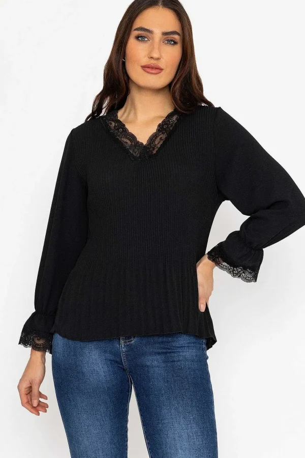 Pala D'oro Pleated Lace Trim Top In Black*Women Tops & Blouses