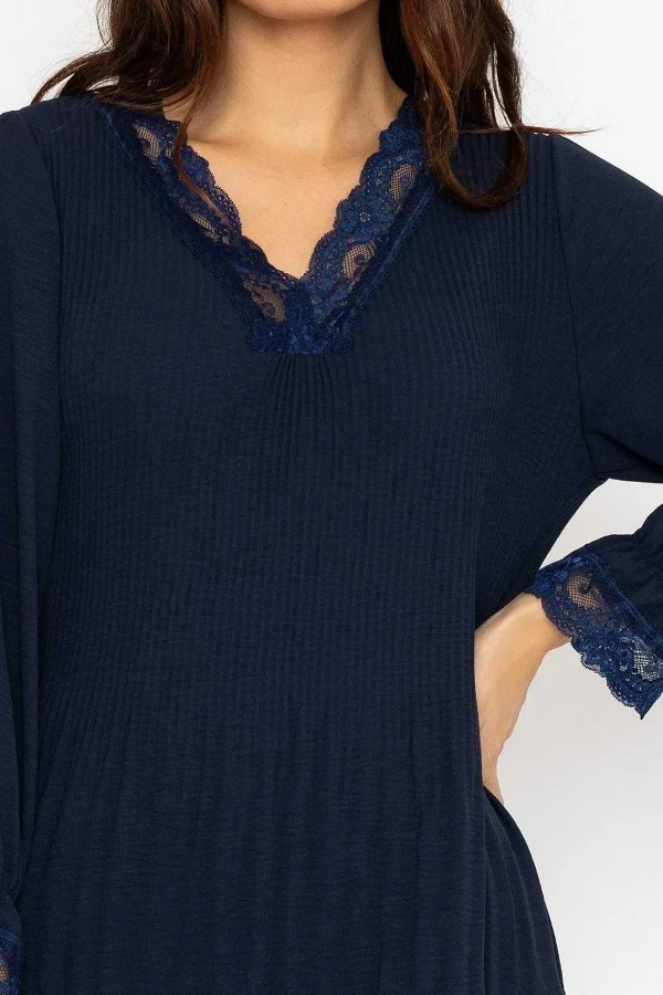 Pala D'oro Pleated Lace Trim Top In Navy*Women Tops & Blouses