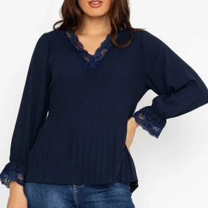 Pala D'oro Pleated Lace Trim Top In Navy*Women Tops & Blouses